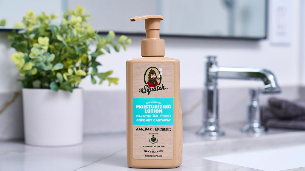 Lifestyle photo featuring Dr. Squatch Coconut Castaway Lotion