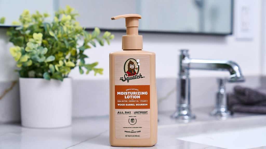 Lifestyle photo featuring Dr. Squatch Wood Barrel Bourbon Lotion