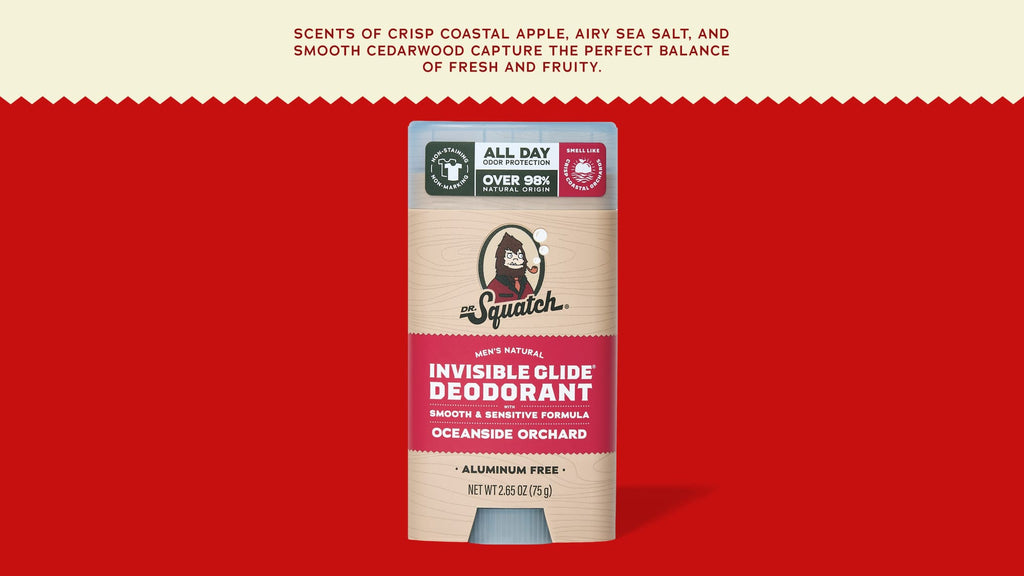 Squatch Invisible Glide Deodorant stick with Oceanside Orchard scent notes highlighted.