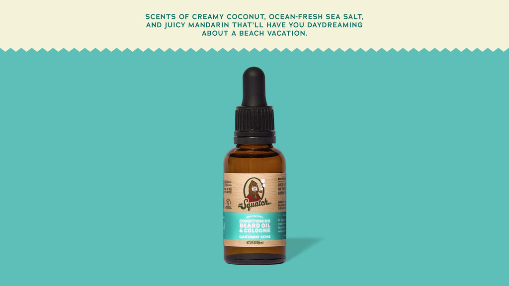 Brand and ingredient story panel for Dr. Squatch Castaway Cove Beard Oil & Cologne