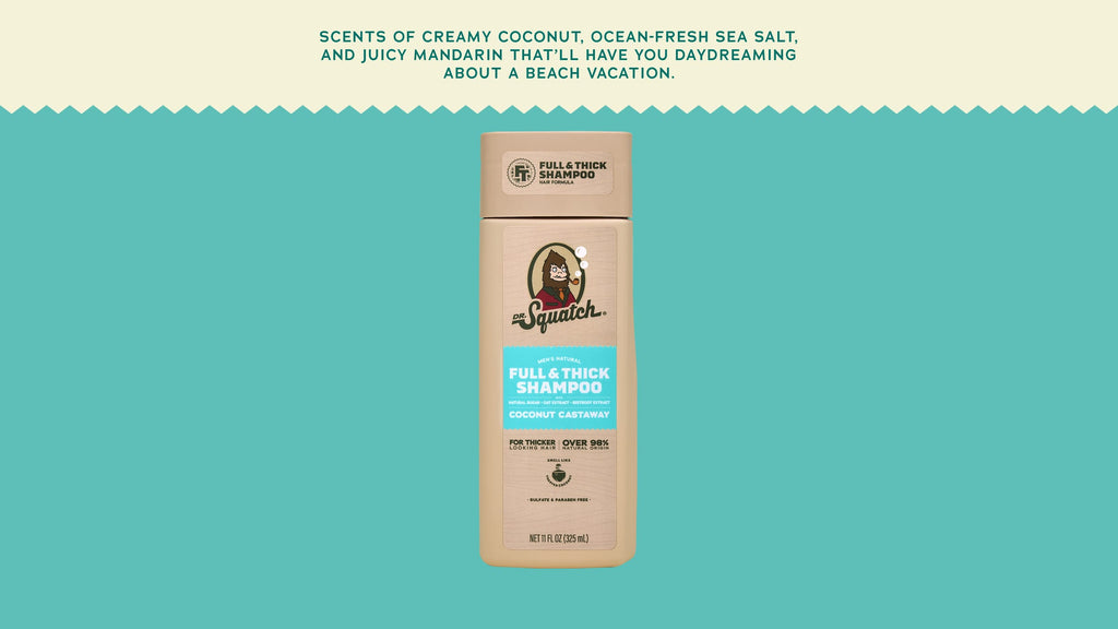 Brand and ingredient story panel for Dr. Squatch Coconut Castaway Full & Thick Shampoo