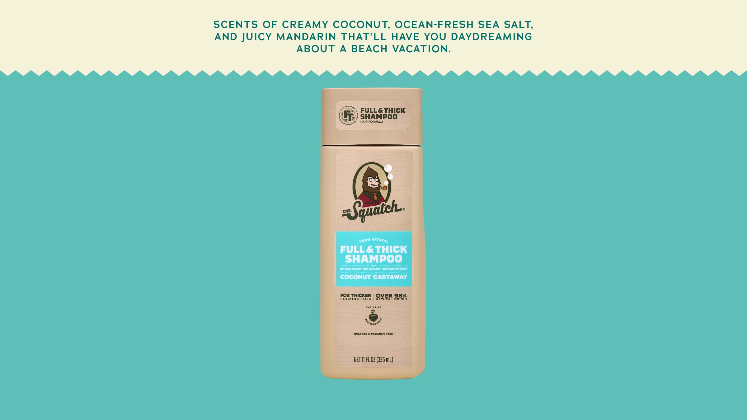 Brand and ingredient story panel for Dr. Squatch Coconut Castaway Full & Thick Shampoo