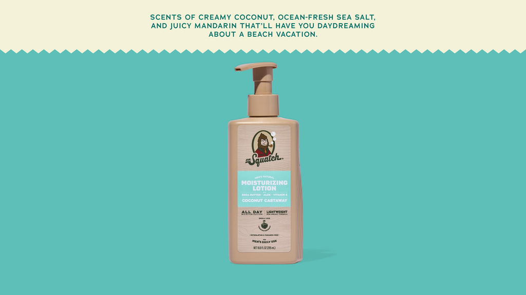 Brand and ingredient story panel for Dr. Squatch Coconut Castaway Lotion