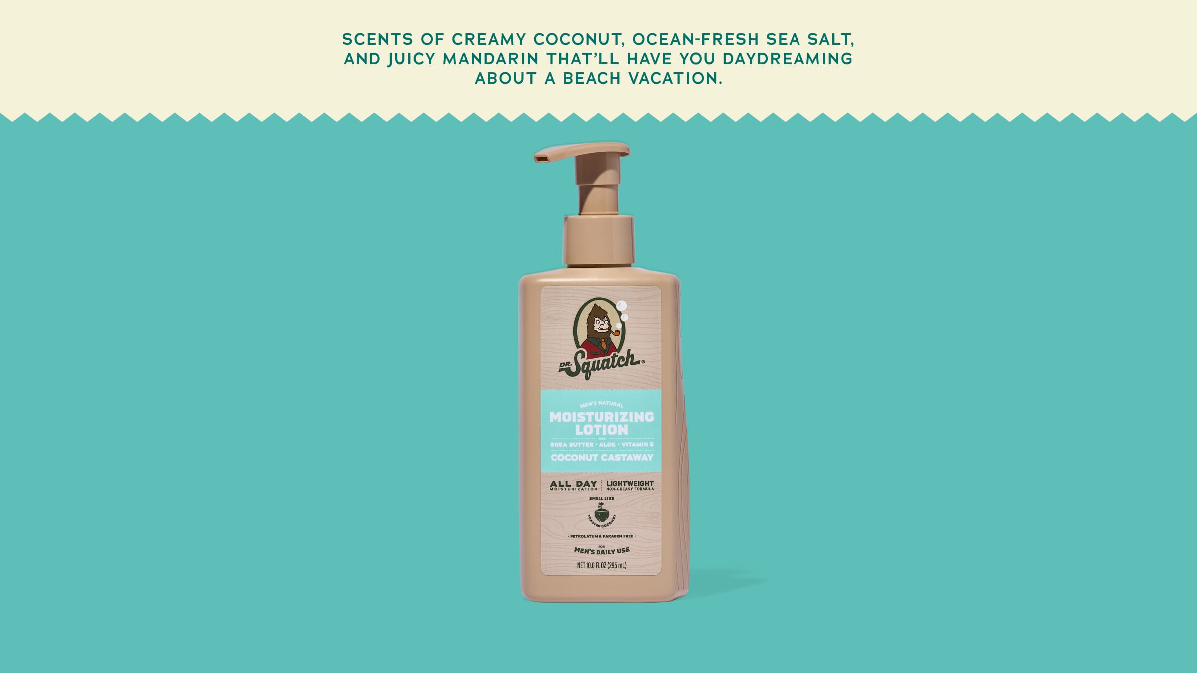 Brand and ingredient story panel for Dr. Squatch Coconut Castaway Lotion