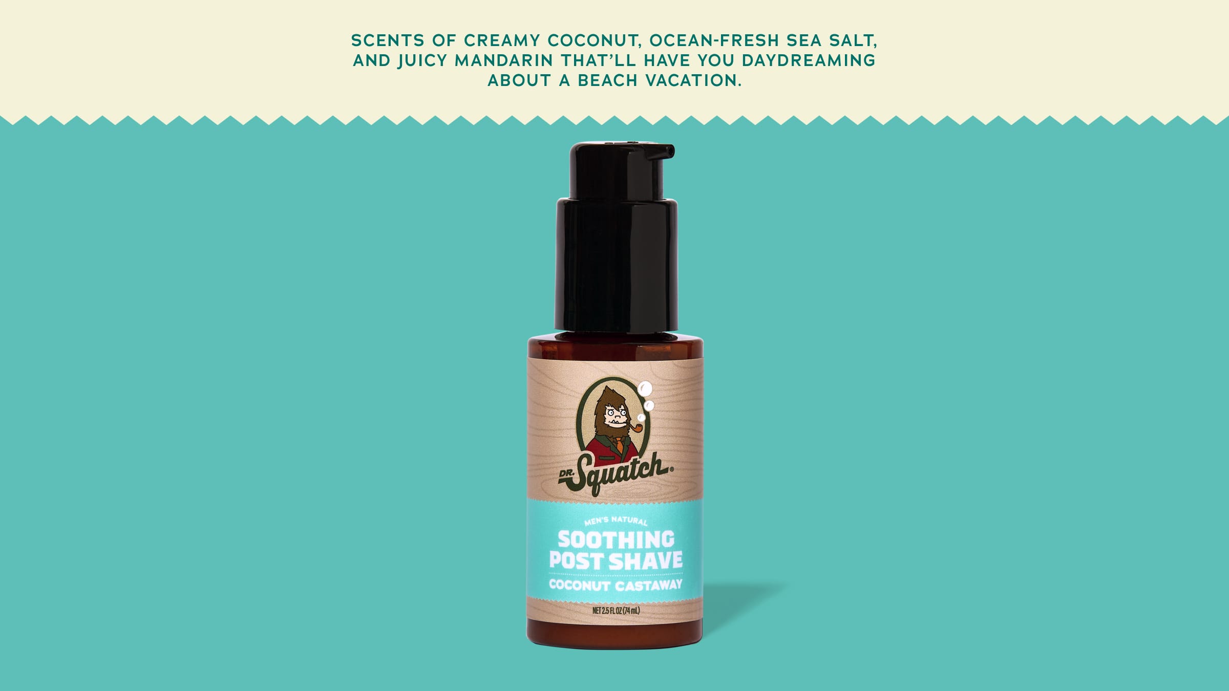 Brand and ingredient story panel for Dr. Squatch Soothing Post Shave Coconut Castaway post-shave product