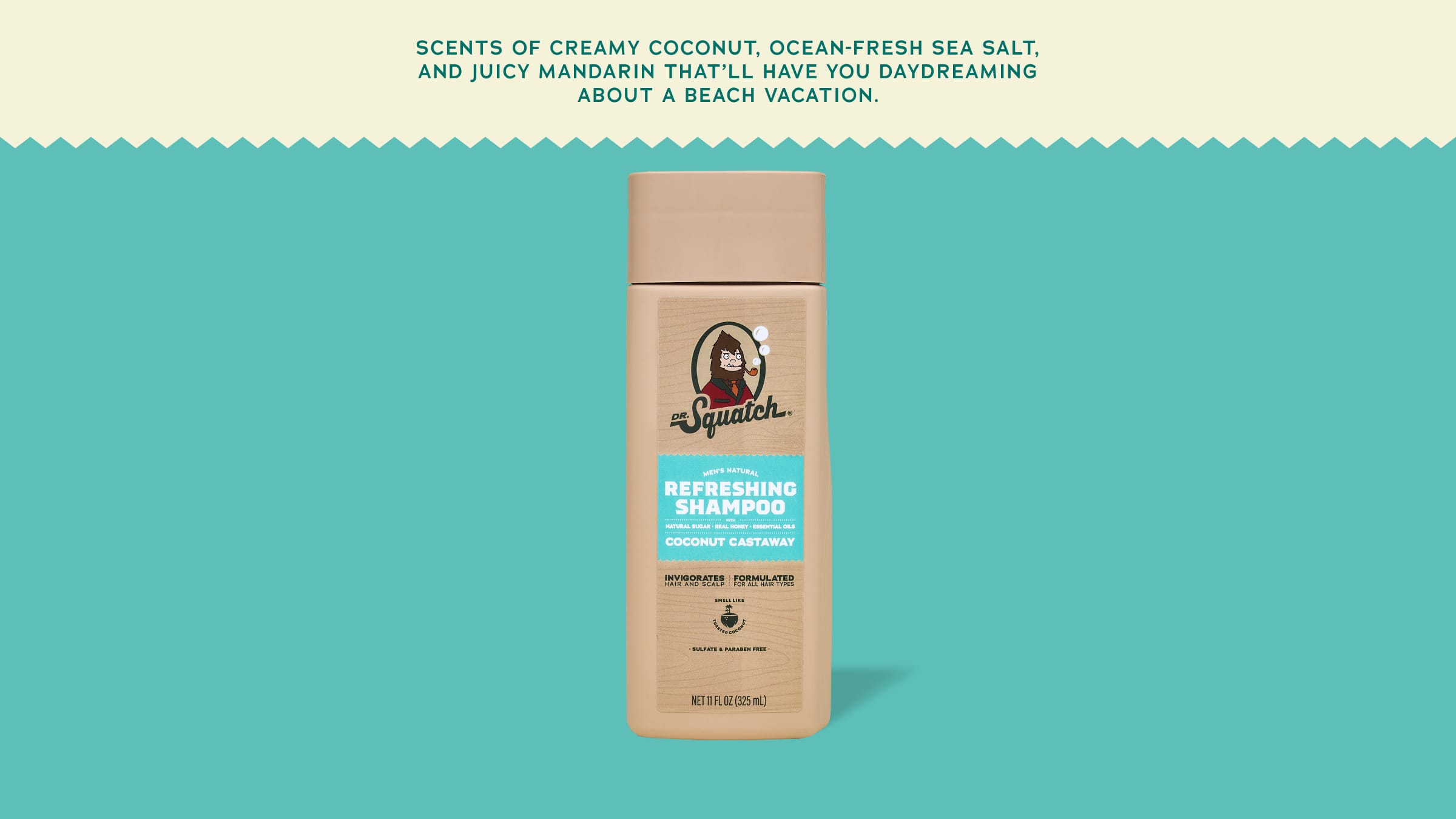 Brand and ingredient story panel for Dr. Squatch Coconut Castaway Shampoo