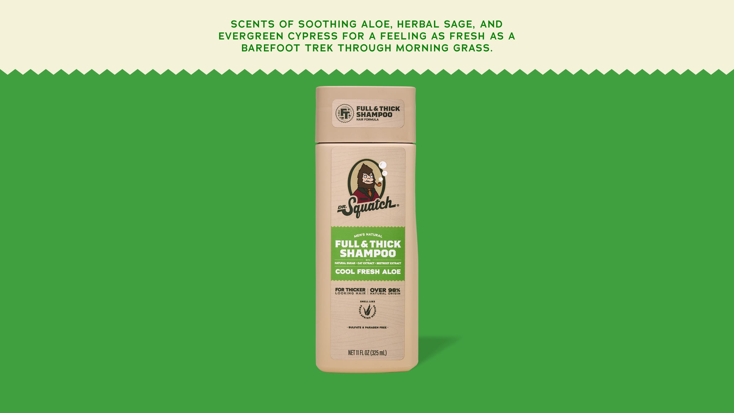 shampoo bottle on a green background with product description text.