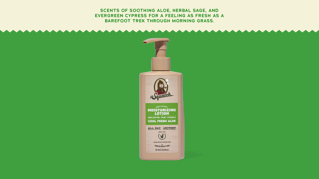 Brand and ingredient story panel for Dr. Squatch Cool Fresh Aloe Lotion