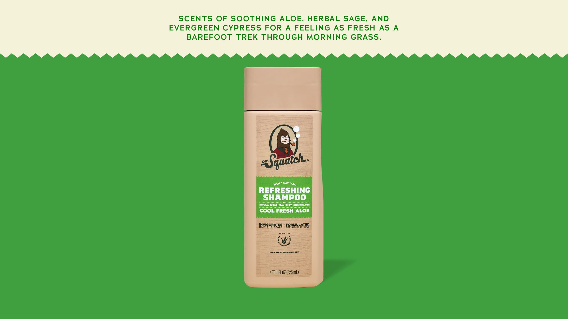 Brand and ingredient story panel for Dr. Squatch Cool Fresh Aloe Shampoo