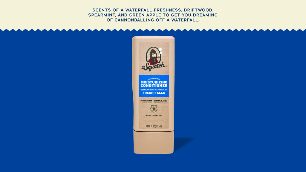 Brand and ingredient story panel for Dr. Squatch Fresh Falls Conditioner