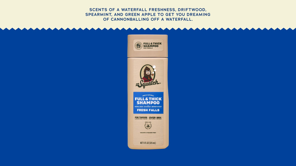 Brand and ingredient story panel for Dr. Squatch Fresh Falls Full & Thick Shampoo