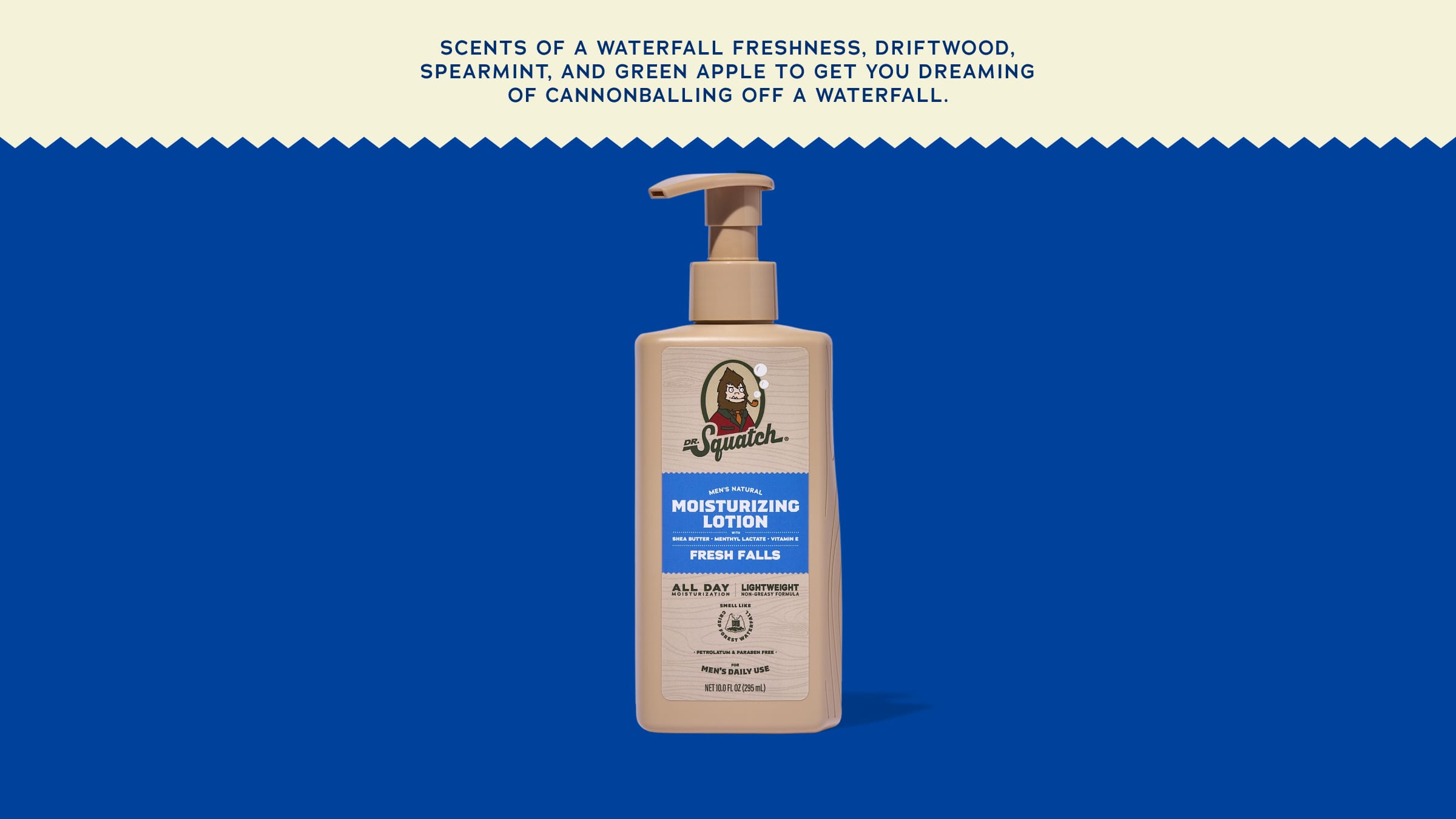 Brand and ingredient story panel for Dr. Squatch Fresh Falls Lotion
