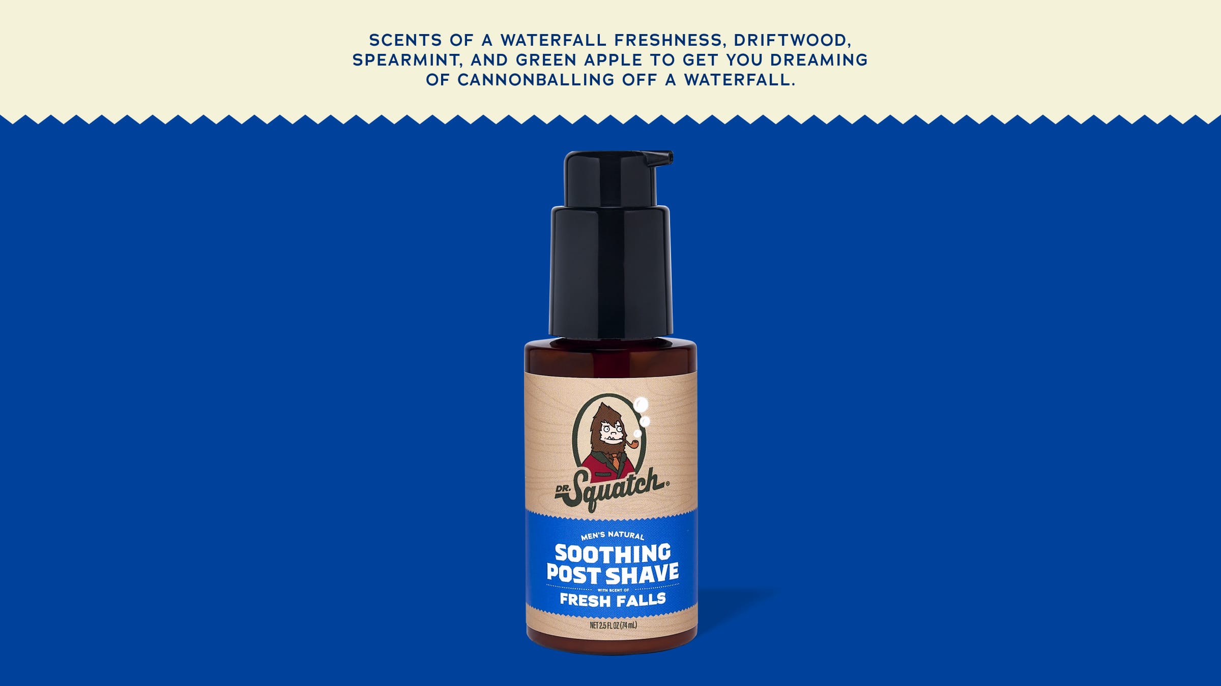 Brand and ingredient story panel for Dr. Squatch Soothing Post Shave Fresh Falls post-shave product