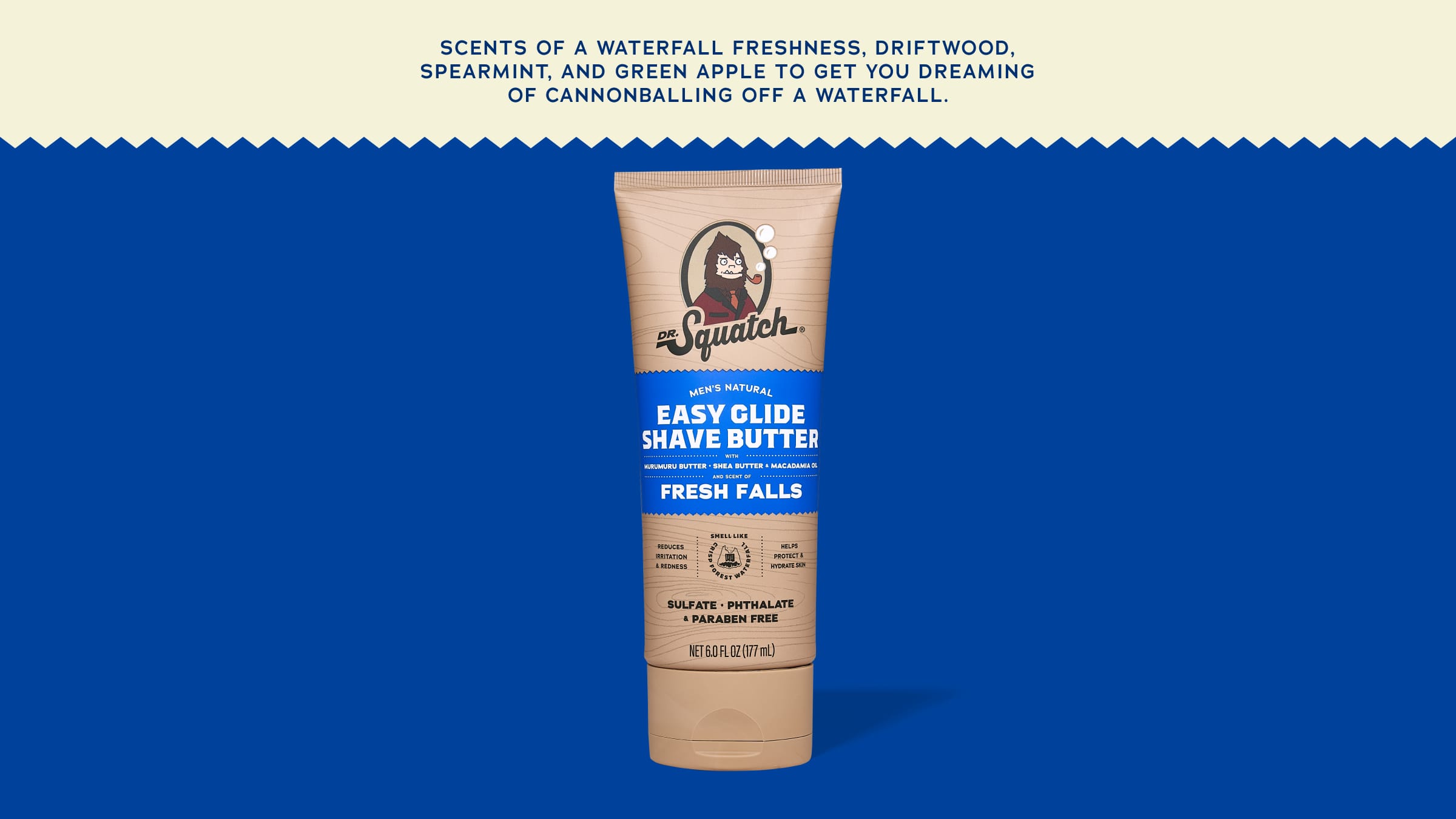 Brand and ingredient story panel for Dr. Squatch Easy Glide Shave Butter Fresh Falls