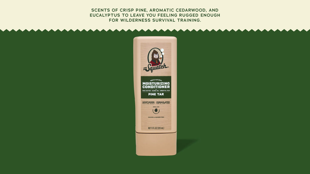 Brand and ingredient story panel for Dr. Squatch Pine Tar Conditioner
