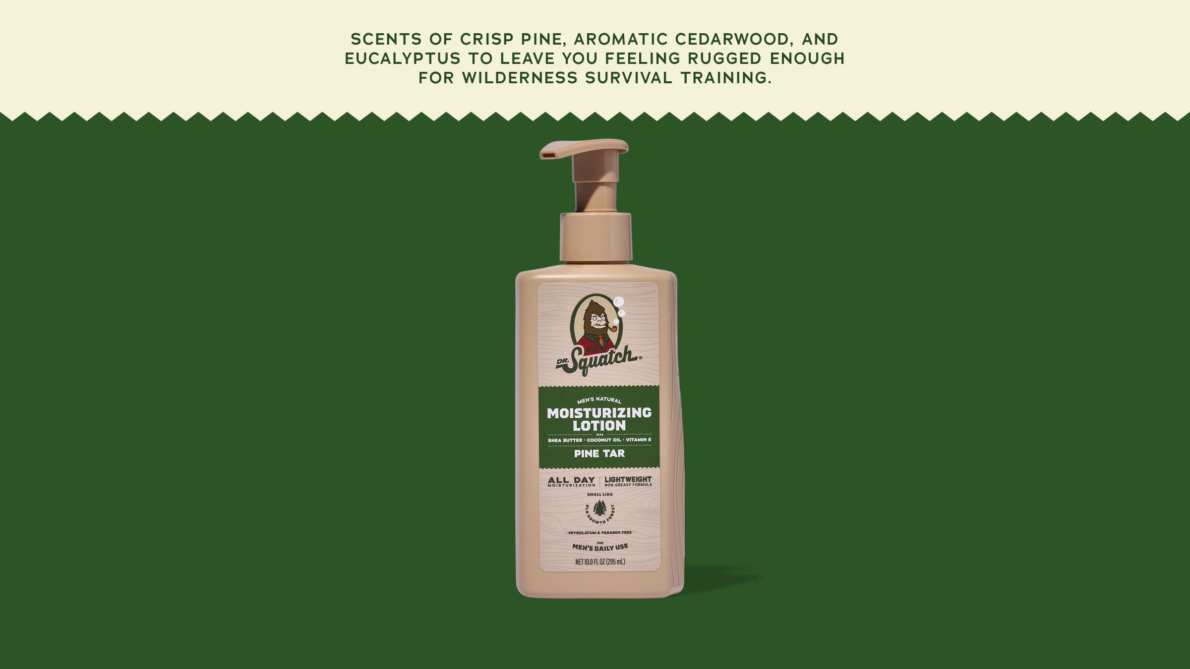 Brand and ingredient story panel for Dr. Squatch Pine Tar Lotion