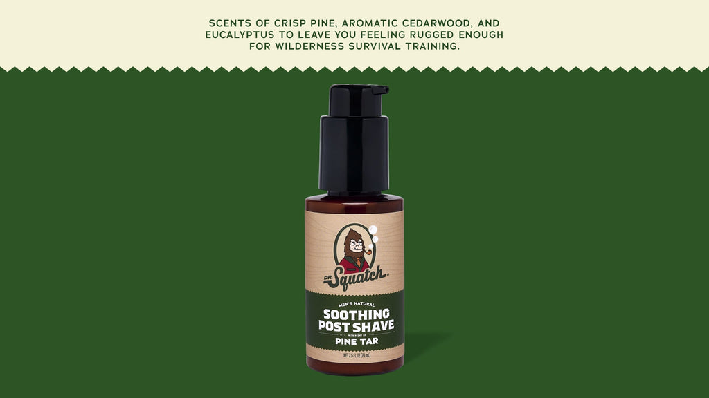 Brand and ingredient story panel for Dr. Squatch Soothing Post Shave Pine Tar post-shave product