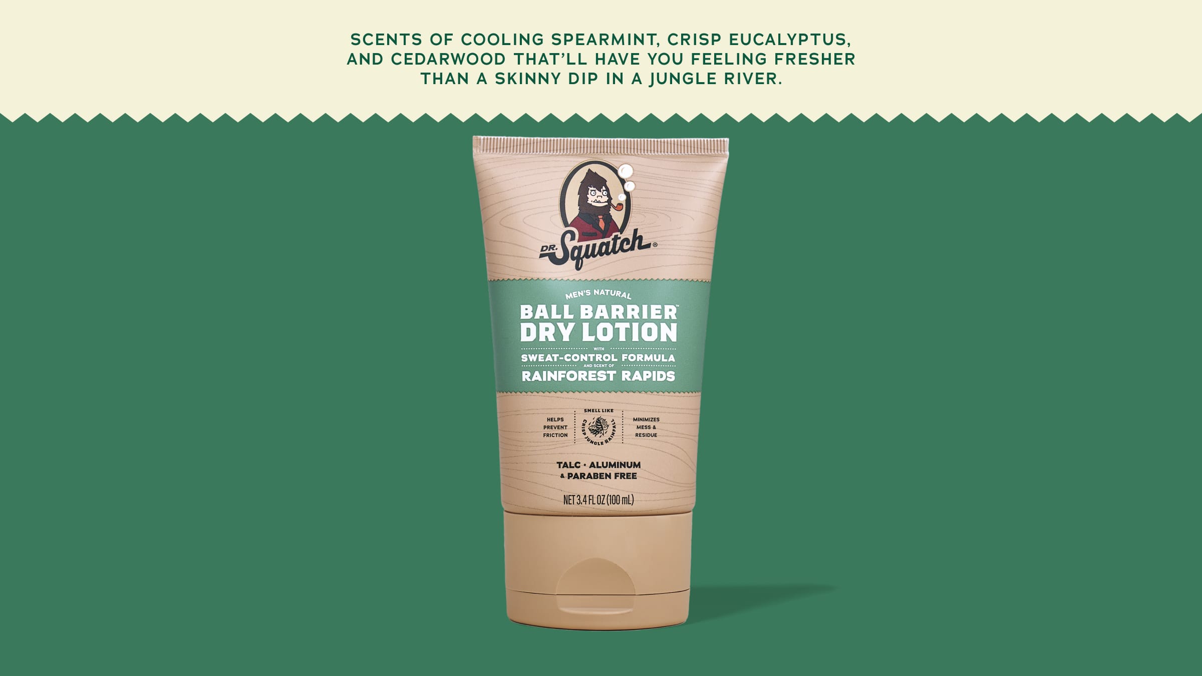 Brand and ingredient story panel for Dr. Squatch Rainforest Rapids Dry Lotion