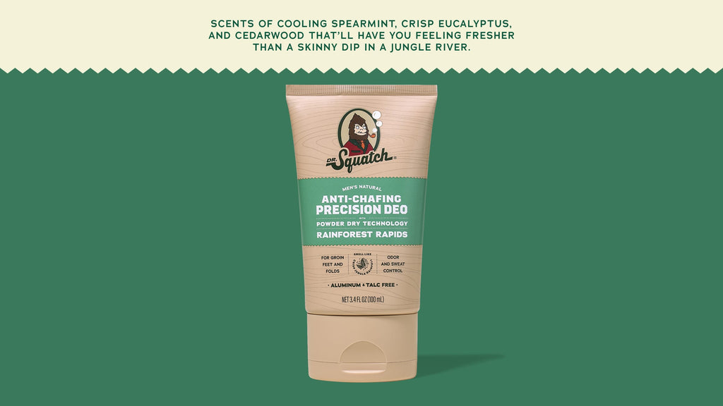 Brand and ingredient story panel for Dr. Squatch Rainforest Rapids Precision Deo deodorant