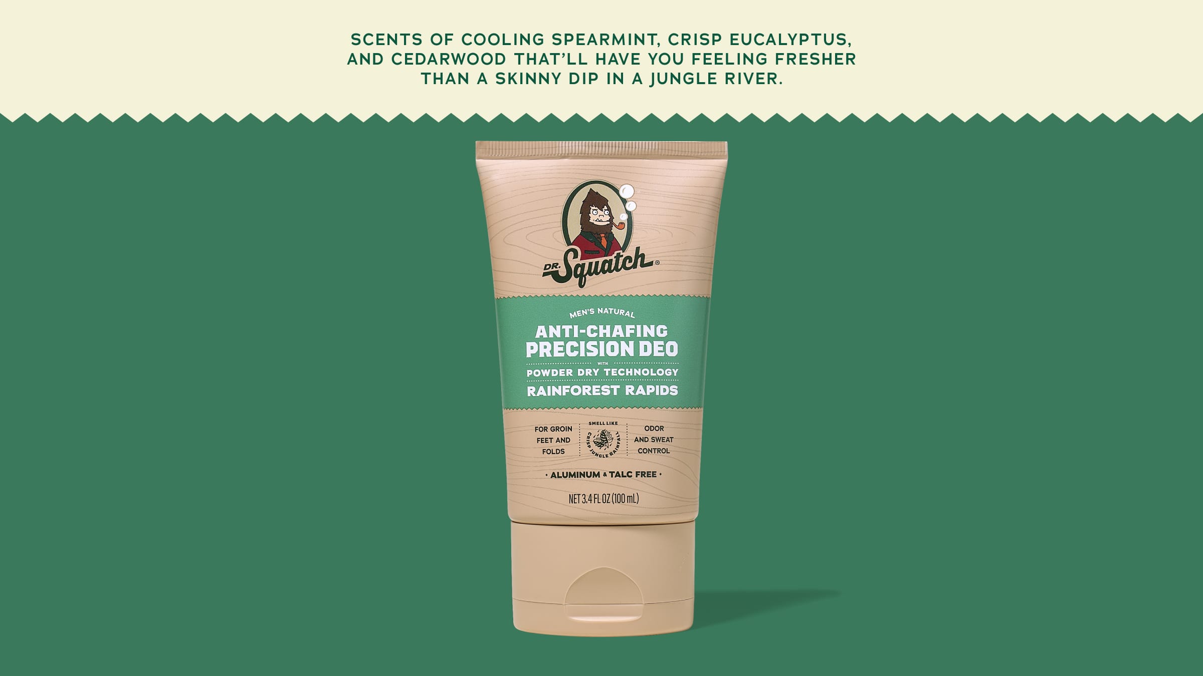 Brand and ingredient story panel for Dr. Squatch Rainforest Rapids Precision Deo deodorant