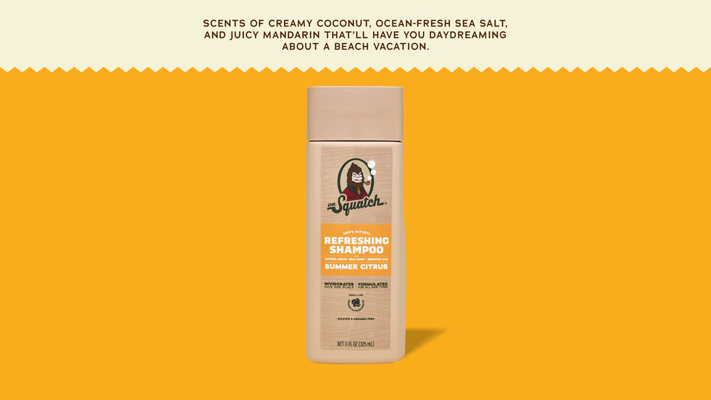 Brand and ingredient story panel for Dr. Squatch Summer Citrus Shampoo