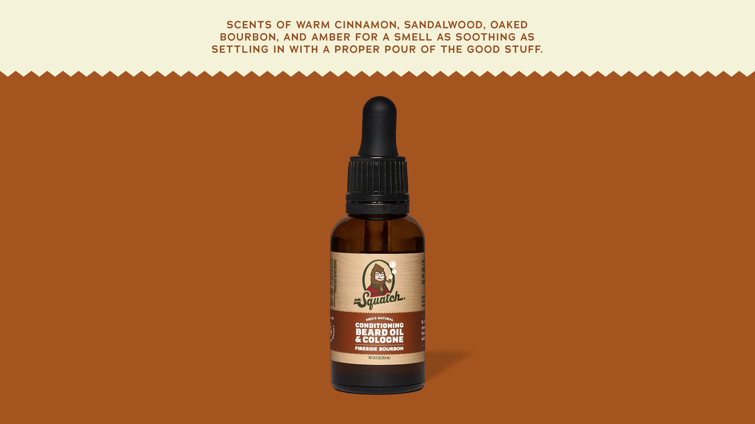 Brand and ingredient story panel for Dr. Squatch Conditioning Beard Oil & Cologne Fireside Bourbon