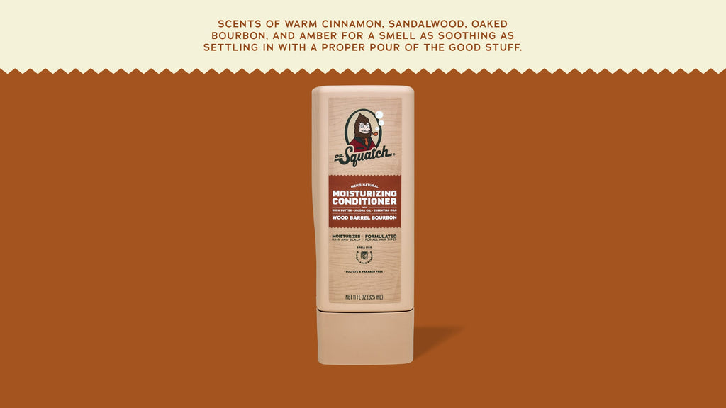 Brand and ingredient story panel for Dr. Squatch Wood Barrel Bourbon Conditioner