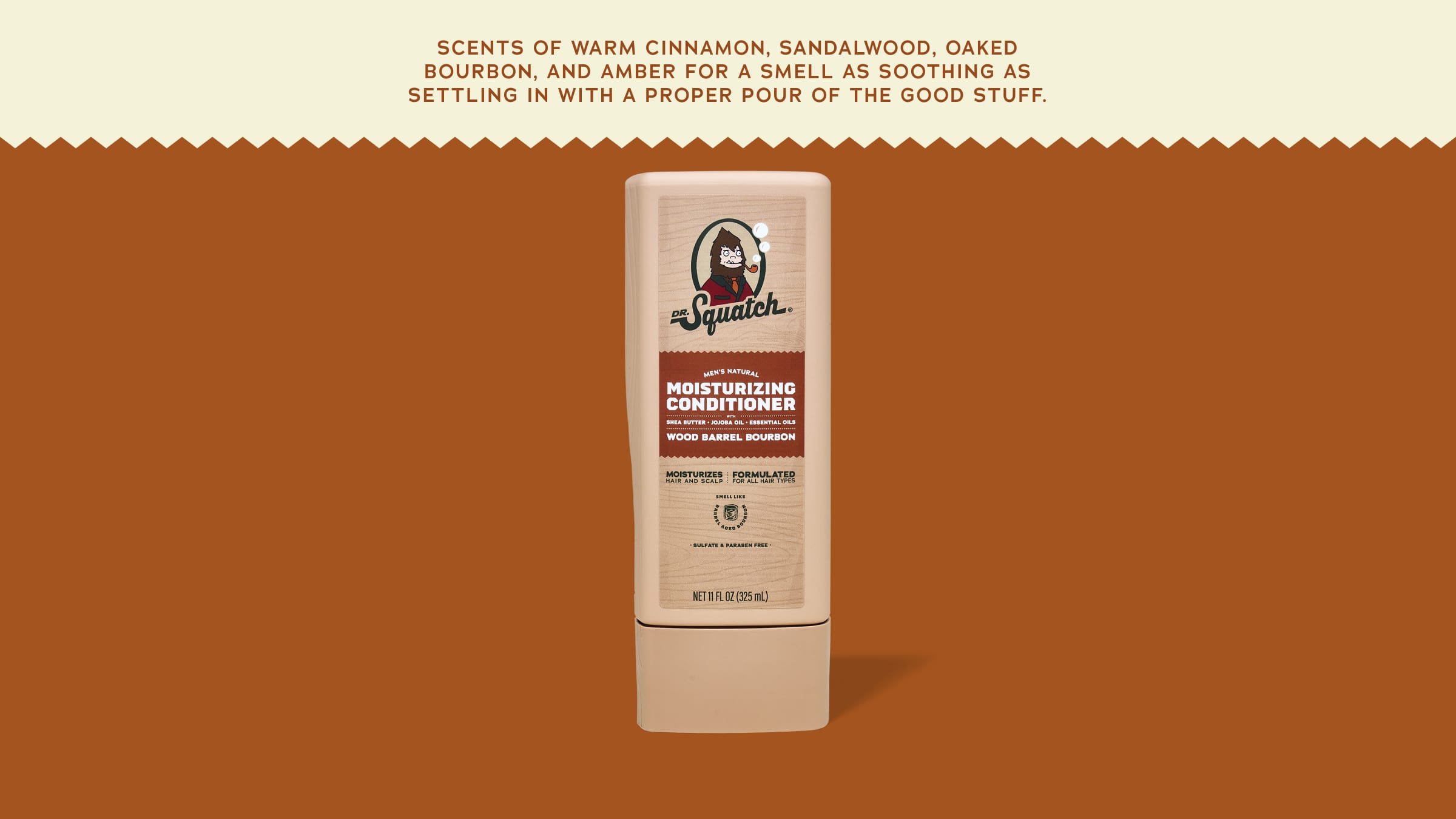 Brand and ingredient story panel for Dr. Squatch Wood Barrel Bourbon Conditioner