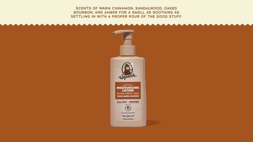 Brand and ingredient story panel for Dr. Squatch Wood Barrel Bourbon Lotion