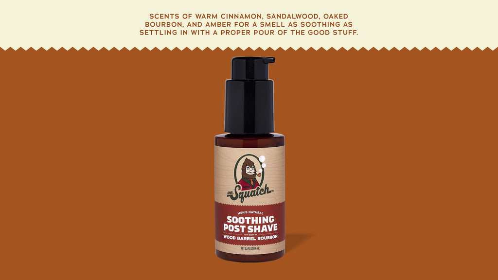 Brand and ingredient story panel for Dr. Squatch Soothing Post Shave Wood Barrel Bourbon post-shave product