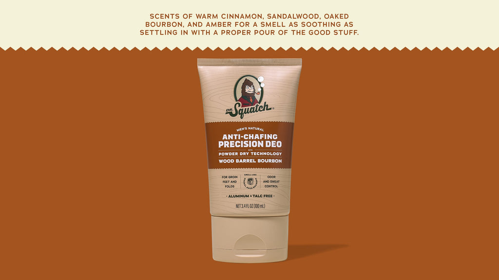 Brand and ingredient story panel for Dr. Squatch Wood Barrel Bourbon Precision Deo deodorant