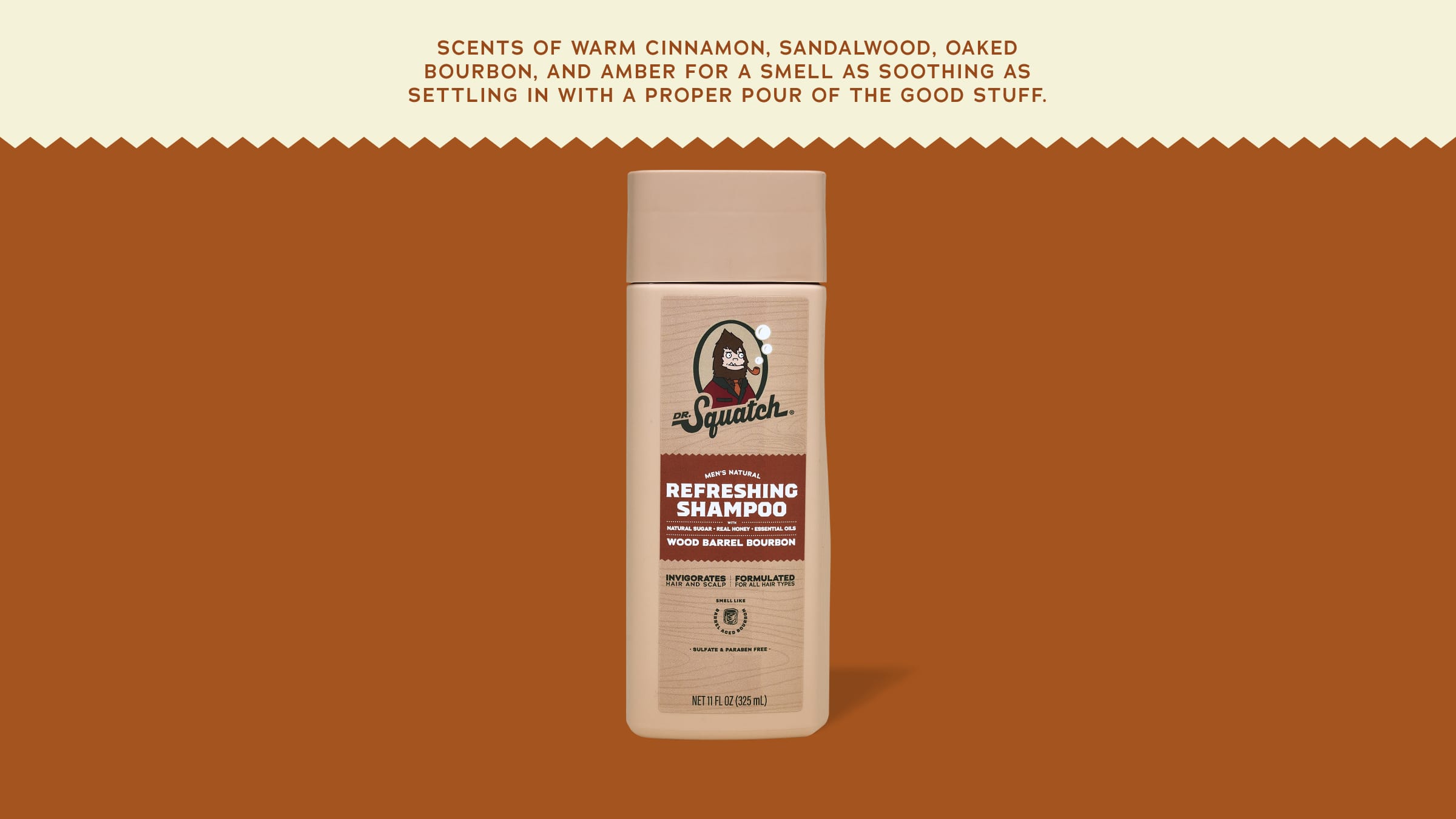 Brand and ingredient story panel for Dr. Squatch Wood Barrel Bourbon Shampoo