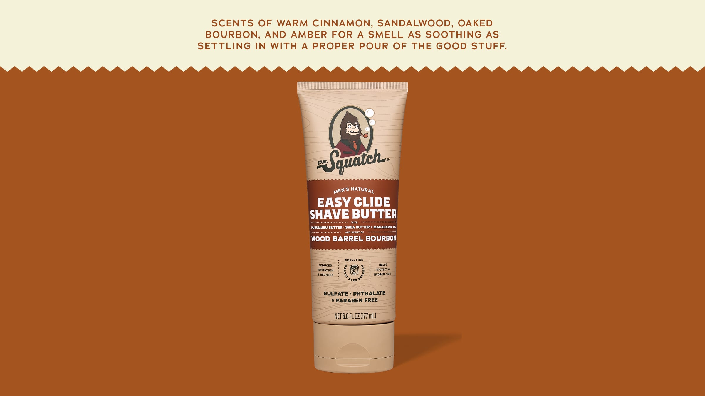 Brand and ingredient story panel for Dr. Squatch Easy Glide Shave Butter Wood Barrel Bourbon