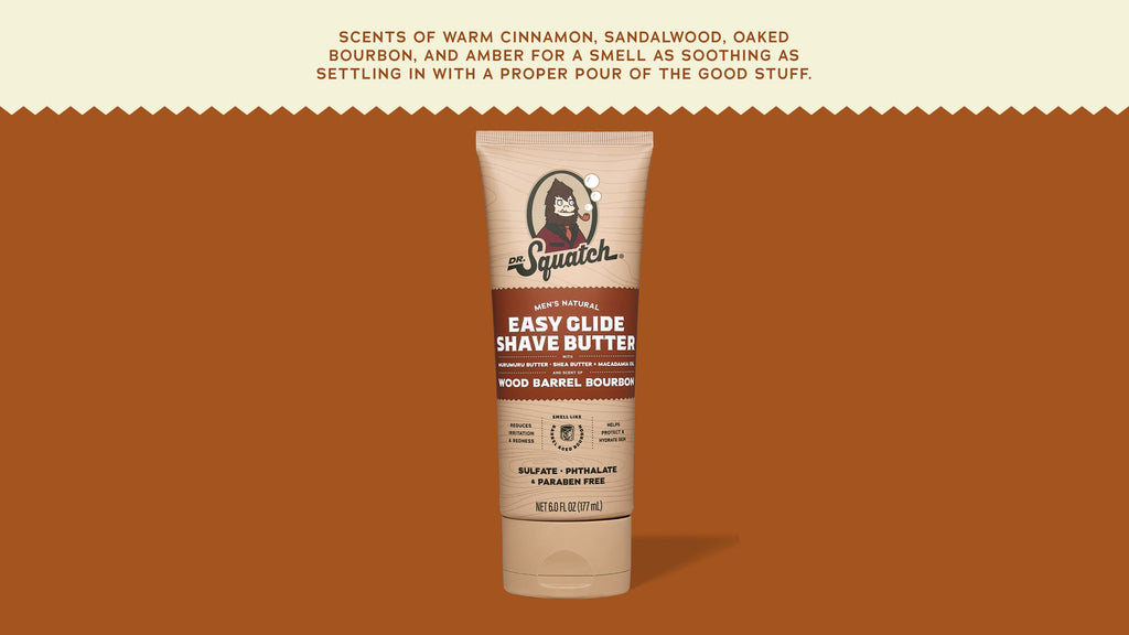 Brand and ingredient story panel for Dr. Squatch Easy Glide Shave Butter Wood Barrel Bourbon