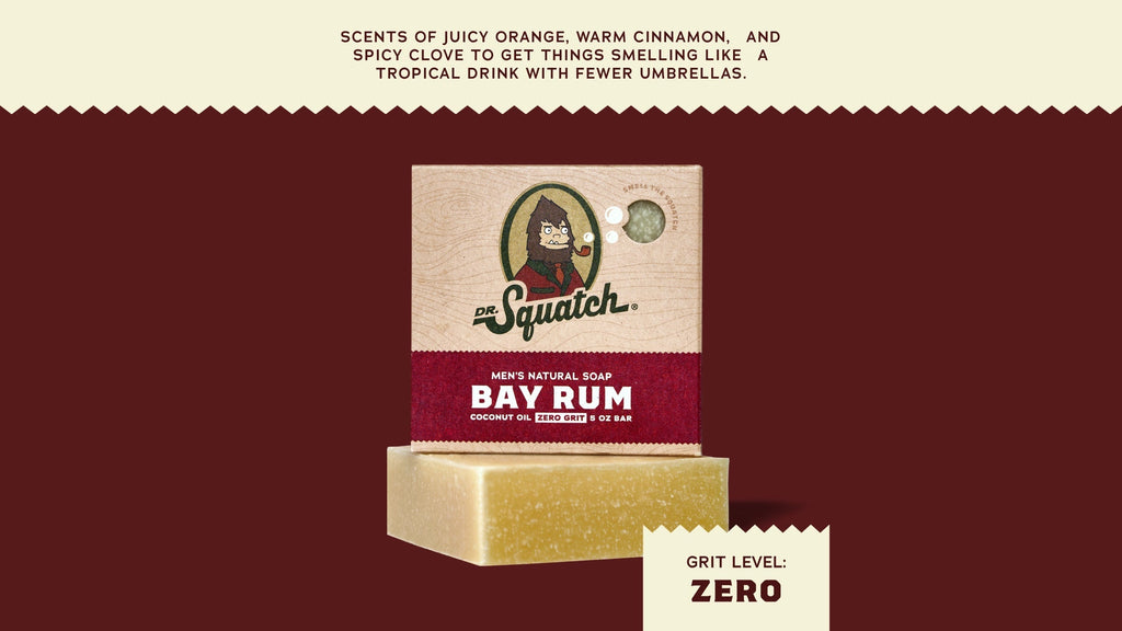 Brand and ingredient story panel for Dr. Squatch Bay Rum bar soap