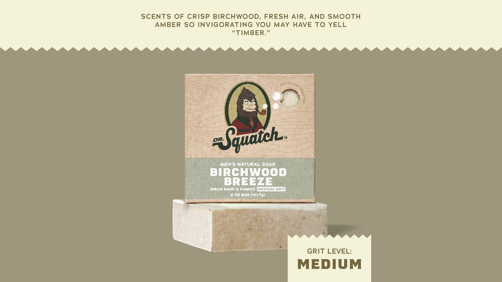 Brand and ingredient story panel for Dr. Squatch Birchwood Breeze bar soap