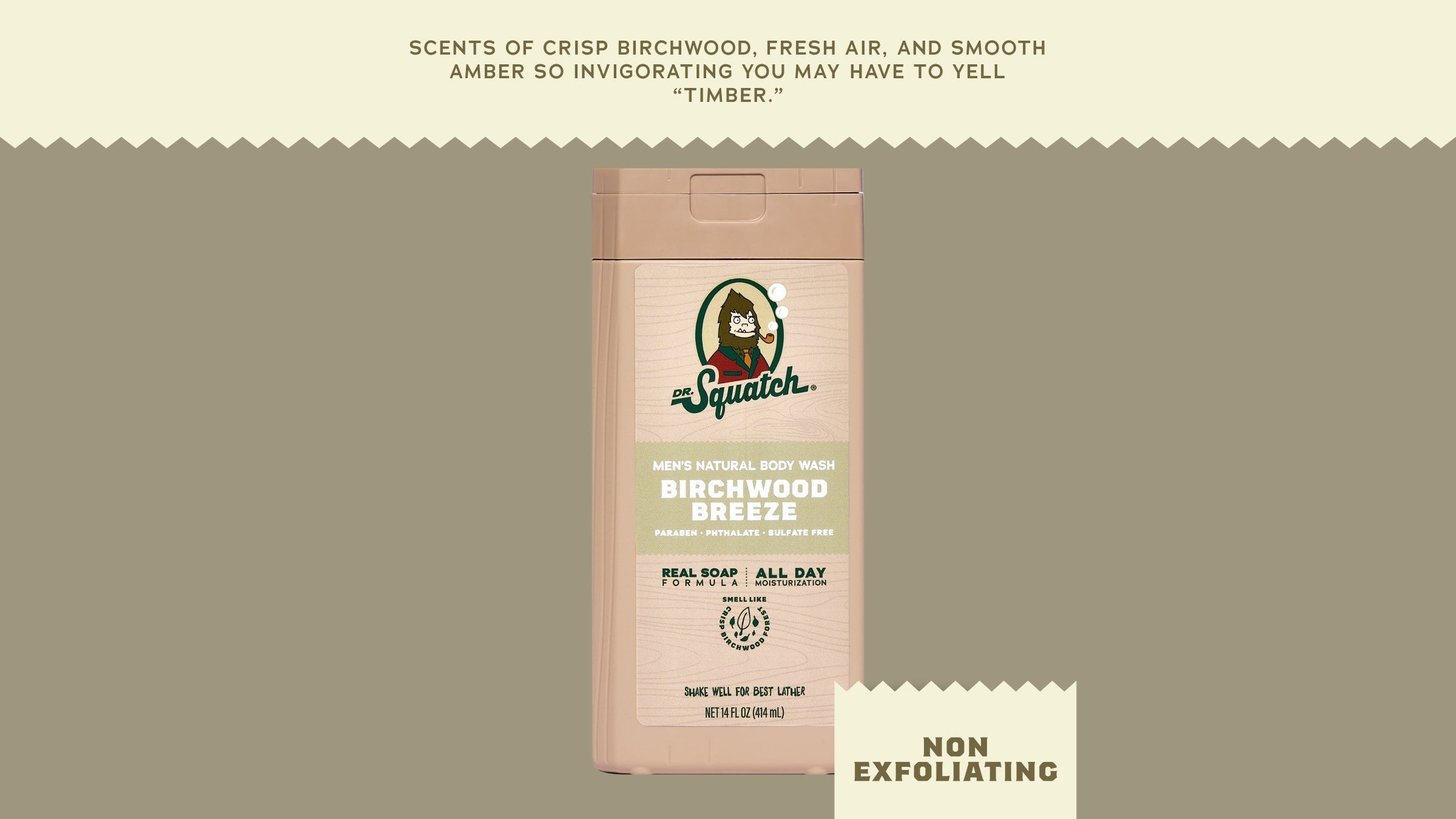 Brand and ingredient story panel for Dr. Squatch 14 oz Birchwood Breeze Body Wash