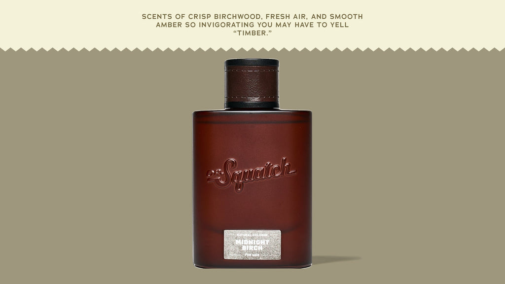 Brand and ingredient story panel for Dr. Squatch Midnight Birch Cologne