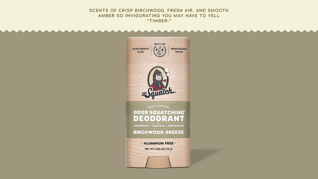 Brand and ingredient story panel for Dr. Squatch Birchwood Breeze Deodorant