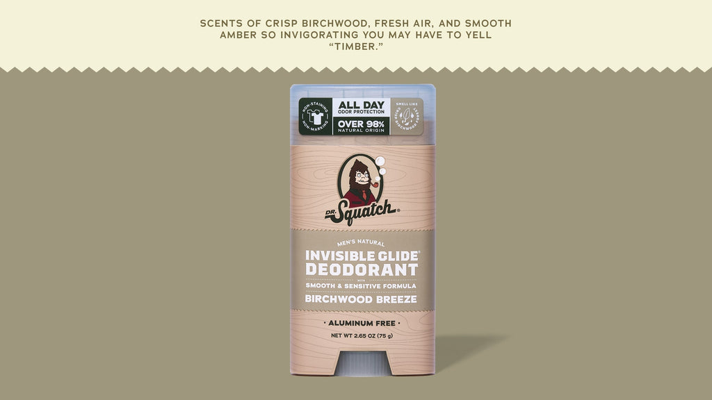 Brand and ingredient story panel for Dr. Squatch Birchwood Breeze Invisible Glide Deodorant