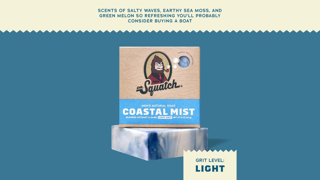 Brand and ingredient story panel for Dr. Squatch Coastal Mist bar soap