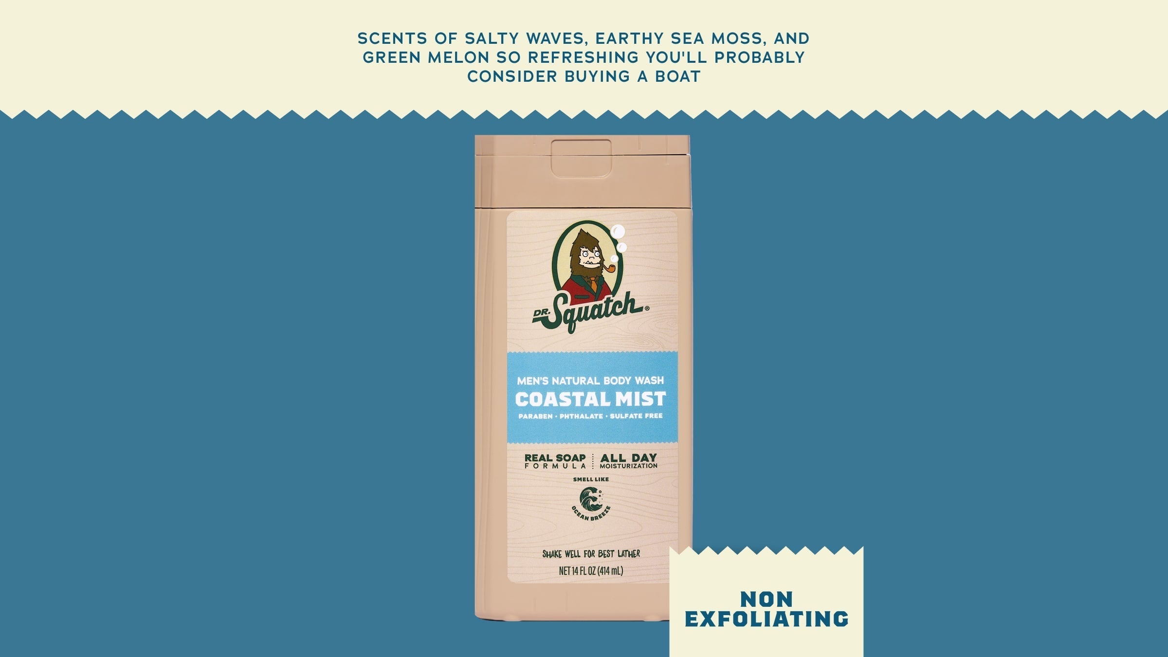 Brand and ingredient story panel for Dr. Squatch 14 oz Coastal Mist Body Wash