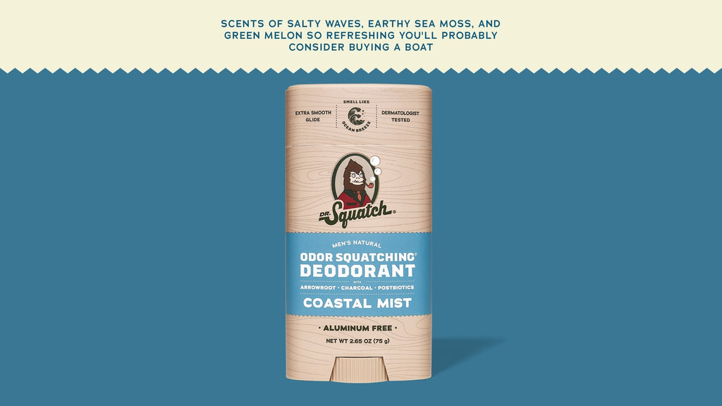 Brand and ingredient story panel for Dr. Squatch Coastal Mist Deodorant