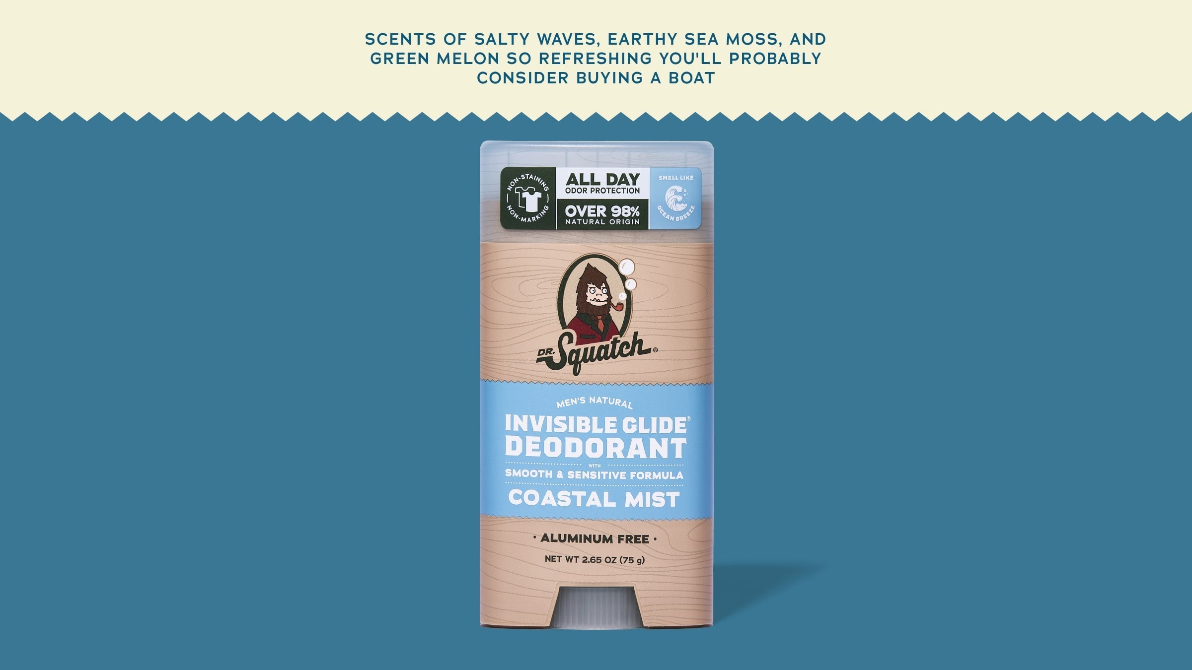 Brand and ingredient story panel for Dr. Squatch Coastal Mist Invisible Glide Deodorant