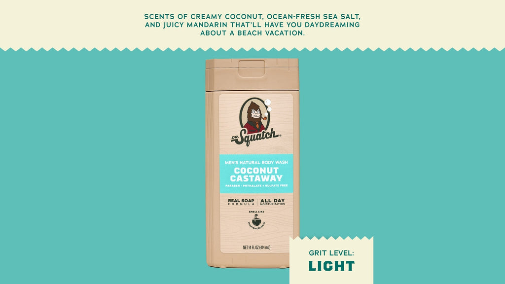 Brand and ingredient story panel for Dr. Squatch 14 oz Coconut Castaway Body Wash
