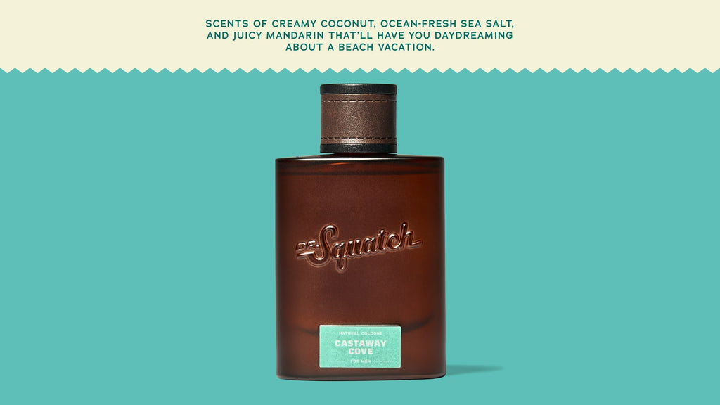 Brand and ingredient story panel for Dr. Squatch Castaway Cove Cologne