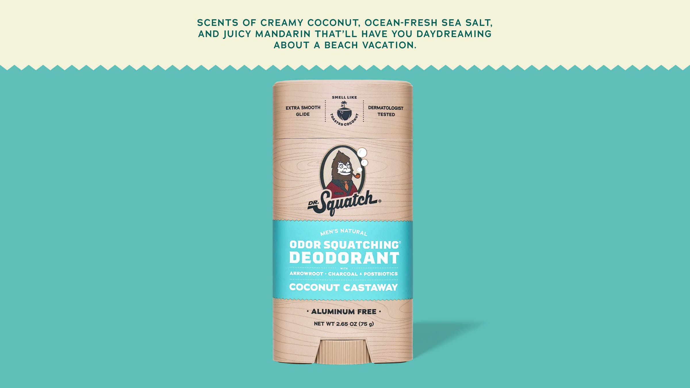 Brand and ingredient story panel for Dr. Squatch Coconut Castaway Deodorant