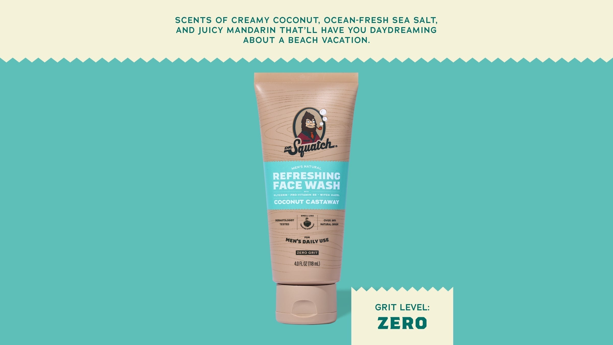 Brand and ingredient story panel for Dr. Squatch Coconut Castaway Refreshing Face Wash
