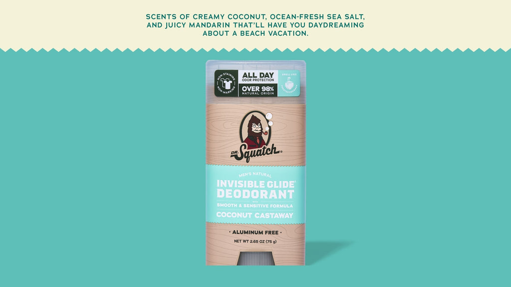 Brand and ingredient story panel for Dr. Squatch Coconut Castaway Invisible Glide Deodorant