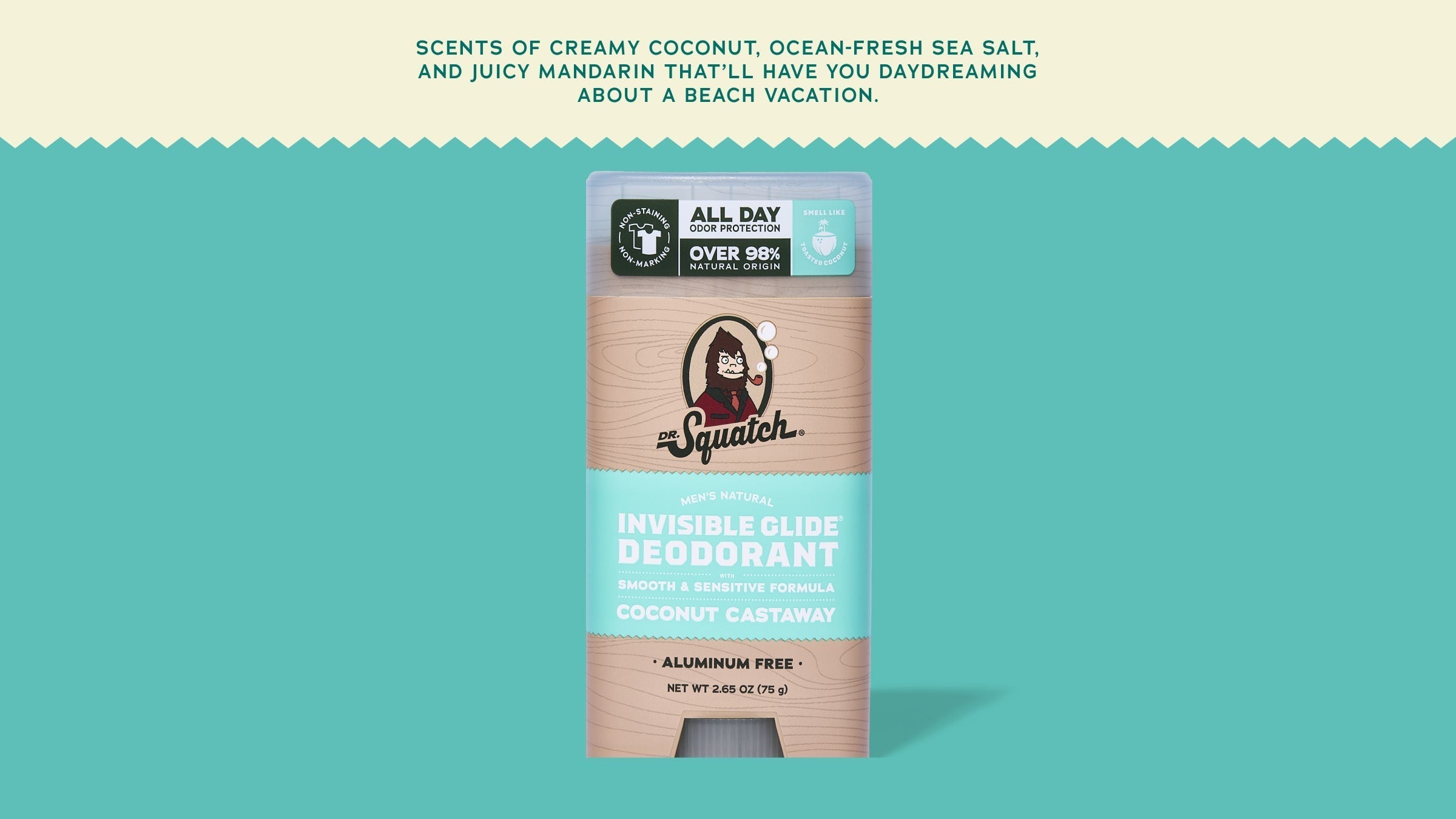 Brand and ingredient story panel for Dr. Squatch Coconut Castaway Invisible Glide Deodorant